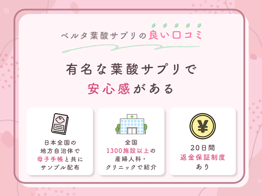 ベルタ葉酸サプリの良い口コミ①:有名な葉酸サプリで安心感がある